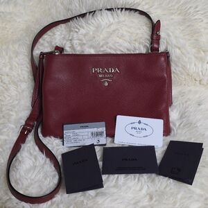 Prada Double Zip Crossbody Vitello Phenix Rubino Red Leather Purse Bag 1BH046